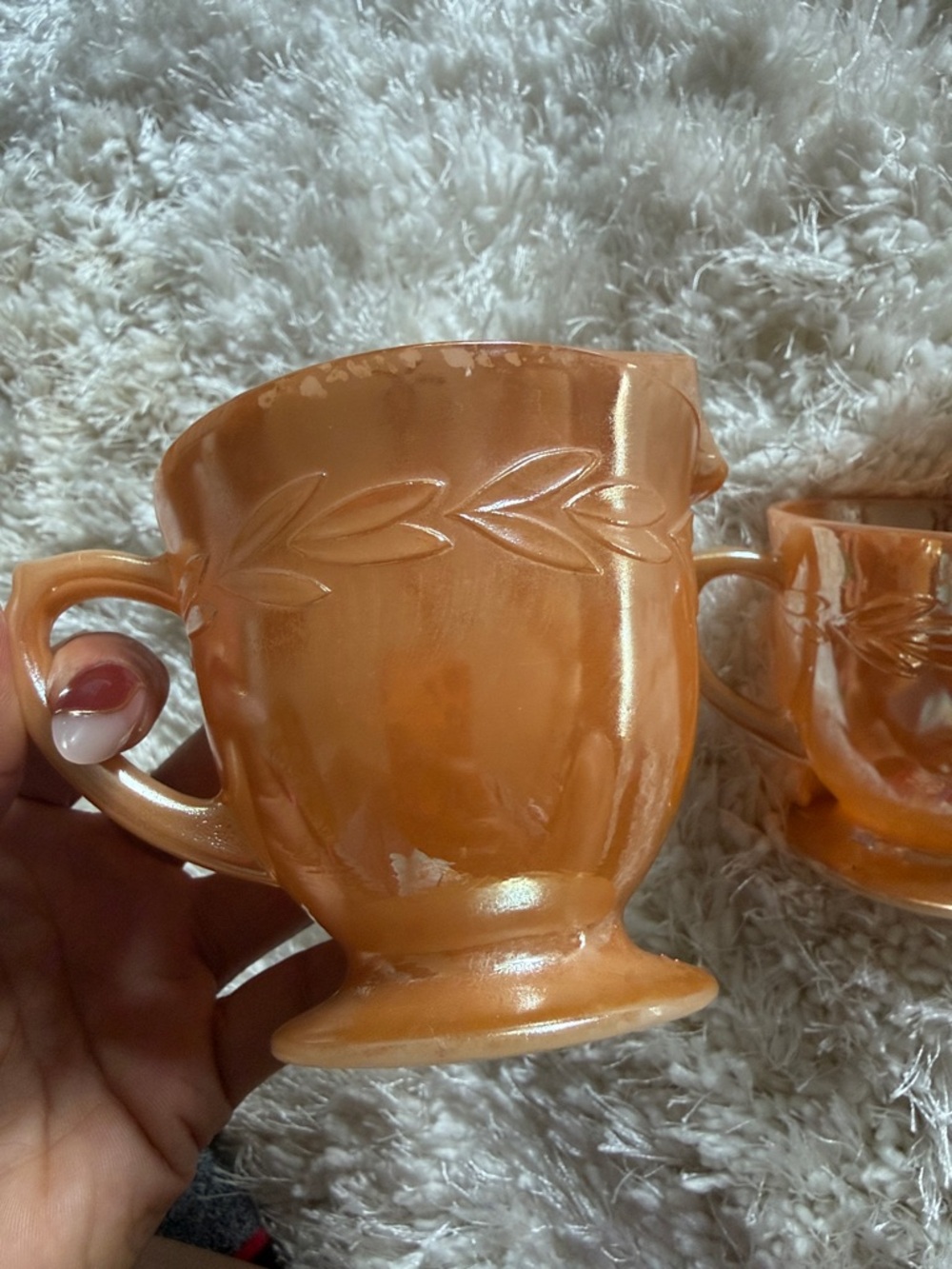 Vintage Fire-King Peach Luster Cream & Sugar Set Iridescent Milk Glass - Picture 4 of 7